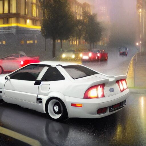 Highly detailed, photo realistic, white ford probe gt at night in the rain driving on a city street, dense fog, unreal engine, by greg rutowski, by stanley artgerm, by alphonse mucha