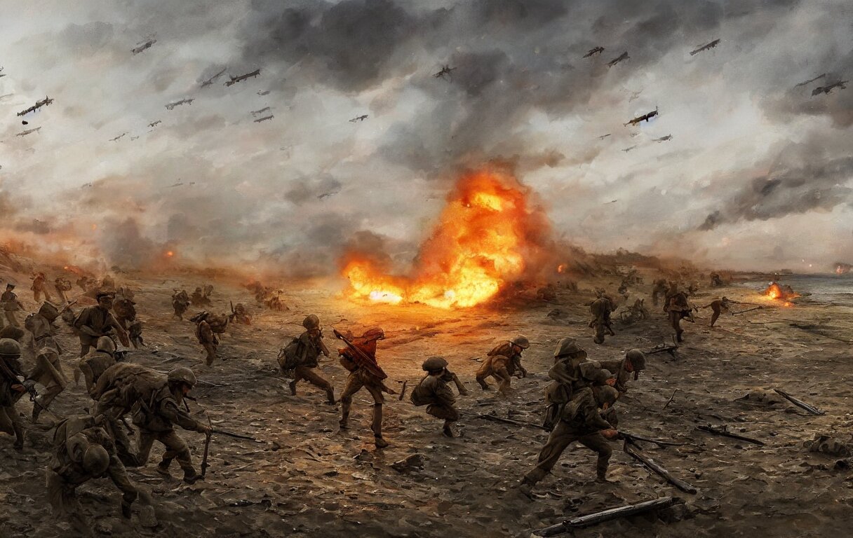 A digital painting of Normandy's beach, Second World War, 1945, Soldiers charging the enemy,  by Ismail Inceoglu and Caspar David Friedrich, stunning, photorealistic, highly-detailed,  bombs, fire, smoke, devastation, 4k, ue5, light effect, rtx on, realistic, cinematic, IMAX quality, trending on art. add texture and shadows