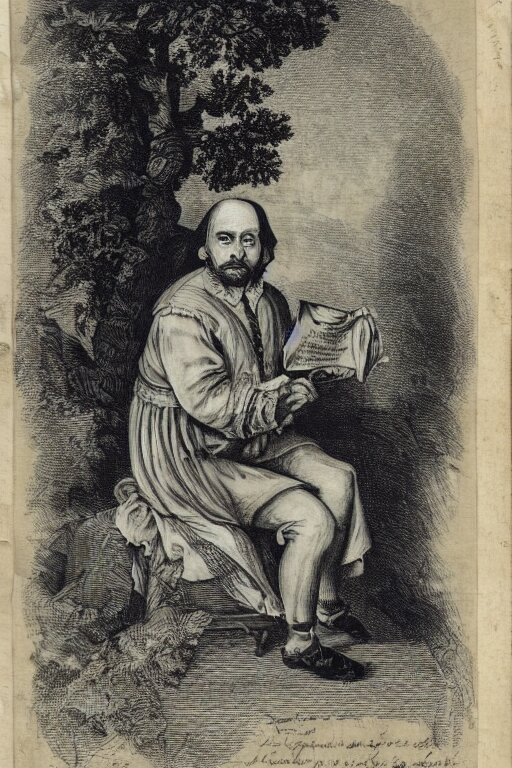 shakespeare sitting beneath a shade tree with a big pile of crumpled parchment behind him 