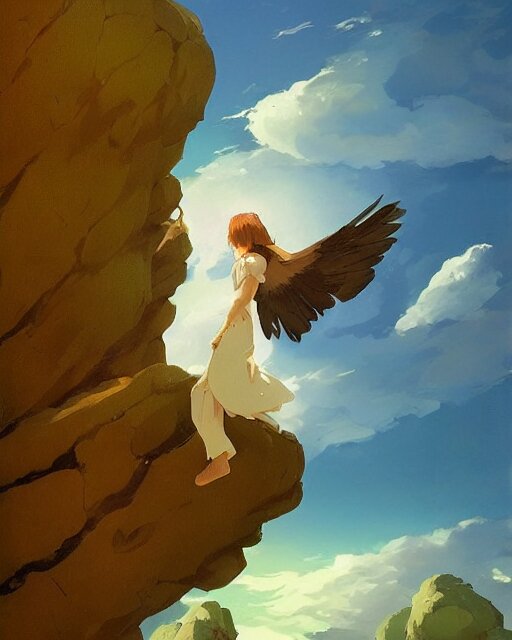 a beautiful female anthropomorphic anime eagle warrior standing heroically on a rock. trees. atmospheric lighting, stunning, brave. Eagle girl. by studio ghibli painting, clouds, wide angle , low-angle shot, by Joaquin Sorolla rhads Leyendecker, by Ohara Koson and Thomas Kinkade, traditional Japanese colors, superior quality, masterpiece,trending on artstation, isometric