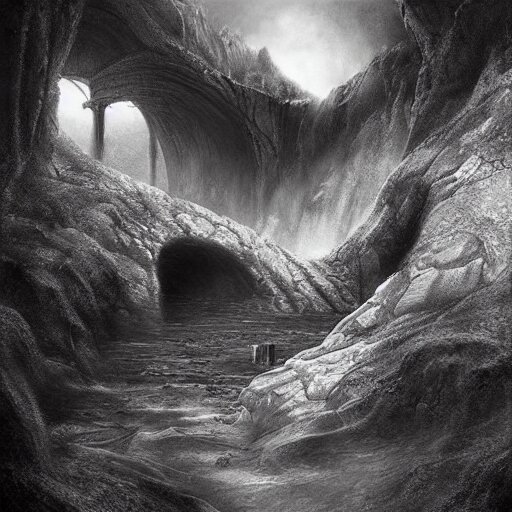 michal karcz charcoal drawing of a beautiful landscape. , horror theme, detailed, elegant, intricate, 4k,