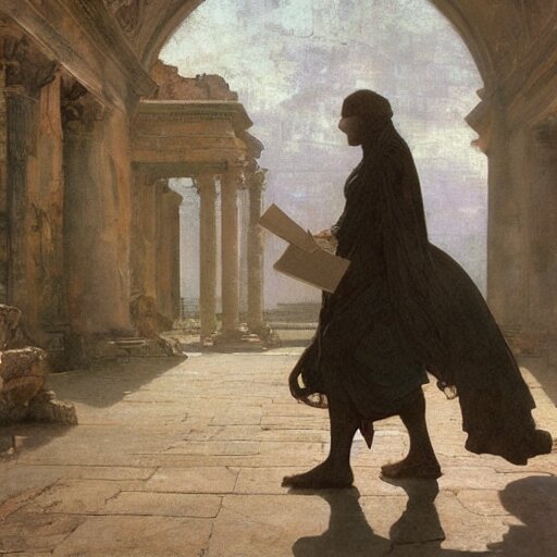 half portait of magican wearing a closed cowl walking while reading big old book! jeremy mann, jean leon gerome, tiepolo, alphonse mucha, greg rutkowski, face in the shadows, ( ( ruins of ancient rome ) ), at dusk, mysterious atmosphere, sunrays, dof, masterpiece, high detailed, 8 k 