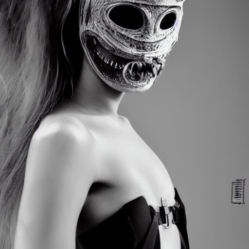 fashion photography of an extraterrestrial model, wearing a black gaz mask, wearing demobaza fashion, inside berghain, berlin fashion, harness, futuristic fashion, dark minimal outfit, photo 3 5 mm leica, hyperdetail, berghain, 8 k, very detailed, photo by nick knight 