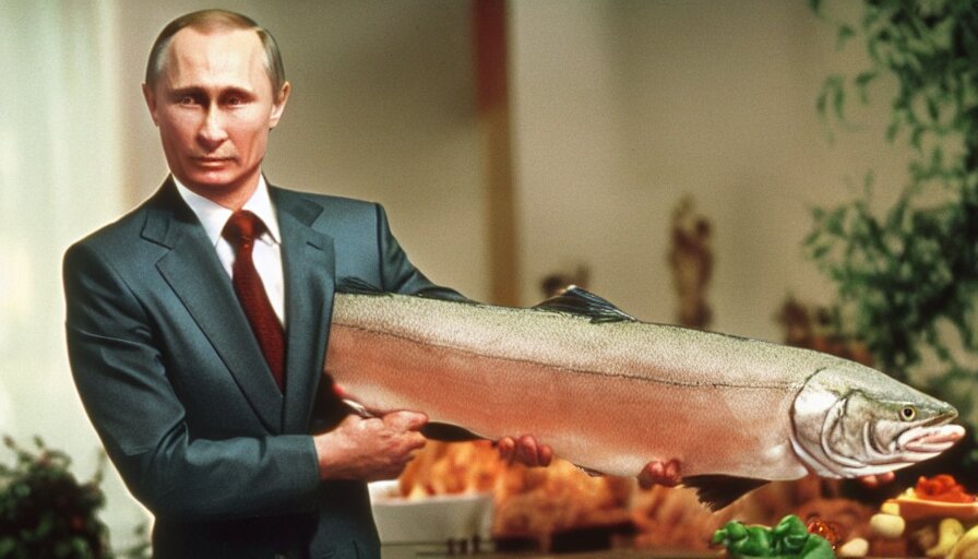 7 0 s movie still of Putin in teleshopping show, proudly holding a salmon. cinestill 8 0 0 t _ 3 5 mm eastmancolor, heavy grain, high quality, high detail. Make the image look like a propaganda poster