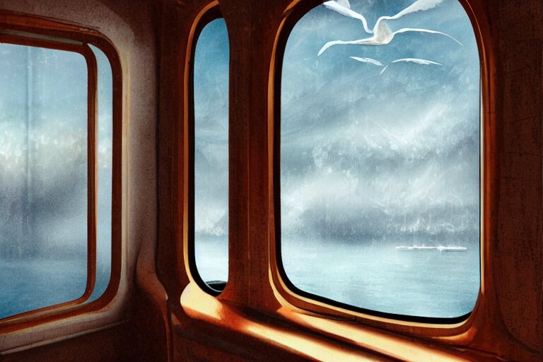 looking out from the window of a train that is sailing on the water, the windows are fluttering with transparent gauze curtains, the sun shines in, fog and swans over the river, by William-Adolphe Bouguerea, Jordan grimmer, fractal flame. Highly_detailded