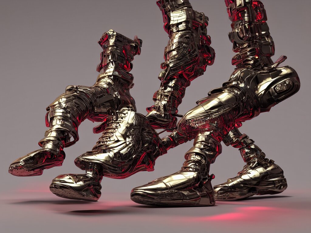 realistic 3 d render of a sculpture of a cyberpunk android foot wearing sneakers, beautiful studio lighting, soft, sharp focus, neon cyberpunk highlights, intricate detail, gold and red accents, soft rubber, octane render, side view, trending on artstation, deviantart, art by syd mead and issey miyake 