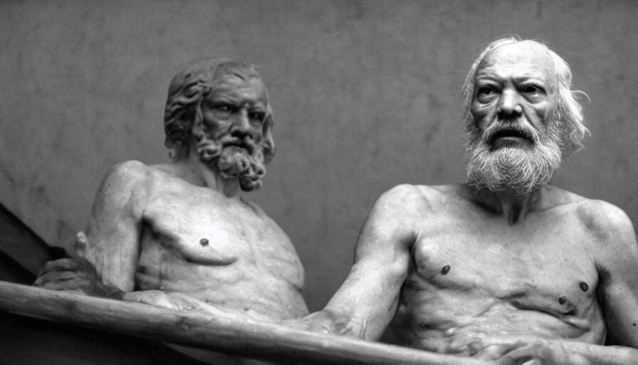 1 9 6 0 s movie still by tarkovsky of an elder socrates wearing dark drapery in a barque on a neoclassical canal, cinestill 8 0 0 t 3 5 mm b & w, high quality, heavy grain, high detail, panoramic, ultra wide lens, cinematic composition, dramatic light, anamorphic, piranesi style 