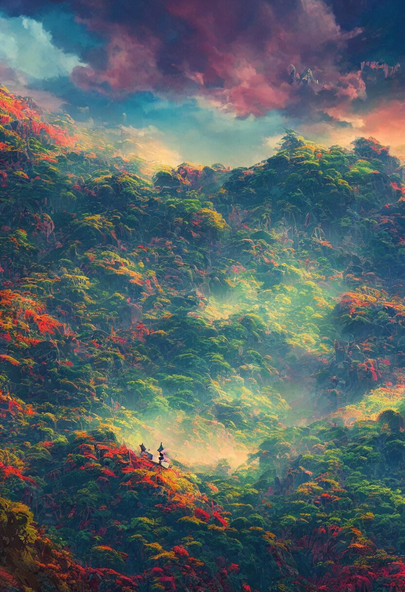 Upscaled Ordinary Detail Portrait of a Downtrodden and routine Hillside Color-Ritual Scene with a Few Tiny Samurai, Colorless Sky with Toward Dramatic Clouds, the Gaudy Jungle at the Background, Barely Intricate Line Art, Poorly Detailed Art Station, Unimpressive Vibrant Colors, Terrible Artpiece, Un. take off all the colors