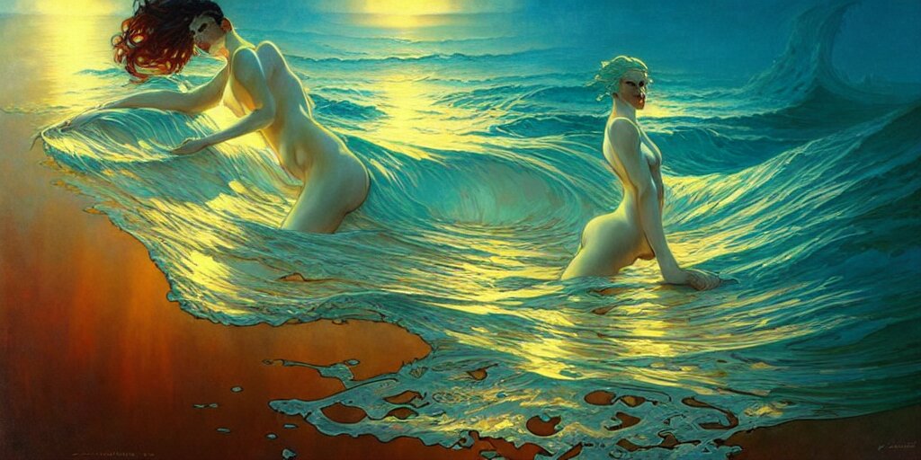 mind bending ocean waves of glossy liquid honey drops flowing like psychedelic translucent amber, lsd waves, lsd ripples, backlit, sunset, refracted lighting, art by collier, albert aublet, krenz cushart, artem demura, alphonse mucha 