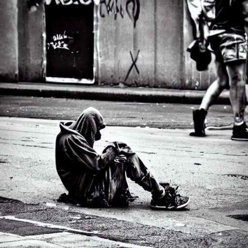 candid photo of a real life homeless dirty minion living on the street, bum photography, detailed portrait shot, 35mm, lens, sony a7z, moody, sad, flickr, hyper realistic, real life, 4k, UHD