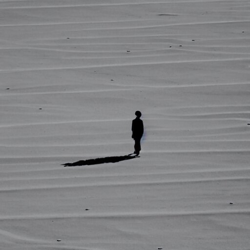 solitary figure casting parallel shadows on a dusty white plane 