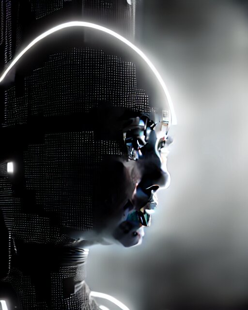 black and white robot high quality female photo looking into a sci-fi mirror, volumetric lighting, liminal space, brutalism, foggy, dreamy, hyperdetailed, bokeh, photorealistic, cinematic, masterpiece, Metropolis, elegant, dark, octane render, 8K, in the style of H.R. Giger. turn her into a robot