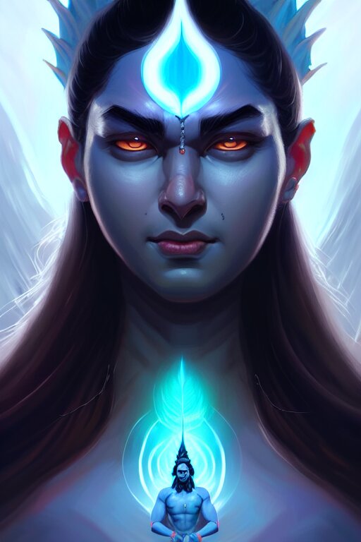 Wide shot of God Shiva the Destroyer digital painting, with beautiful eyes! Pretty face! Symmetry! Concept art! Sharp focus! Illustration! Art by artgerm! Greg Rutkowski Magali Villeneuve Wlop! ILYA KUVSHINOV!! Octane Render. Add flames coming out of his skin