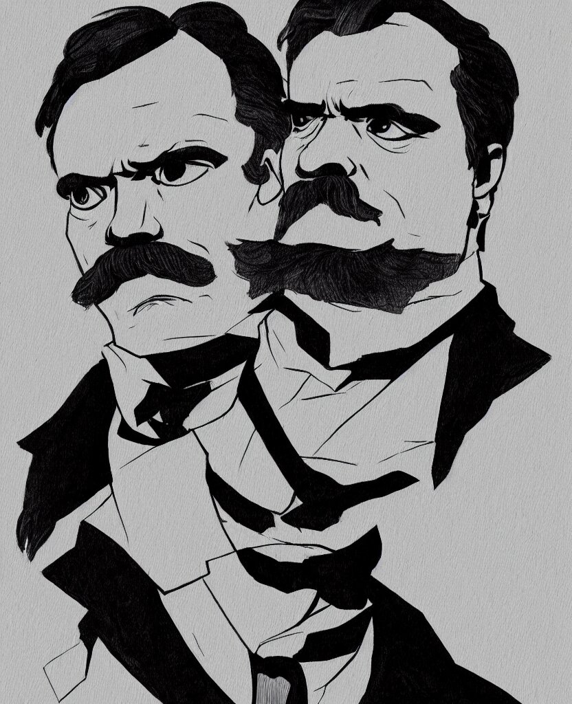 Portrait of Friedrich Nietzsche in his Suit, chiseled Jawline and serious Look, in the Style of Artgerm and Ross Draws and Mike Mignola and Cory Loftis, vibrant colors, rim light, hard shadows, colorful, plain background, trending on artstation