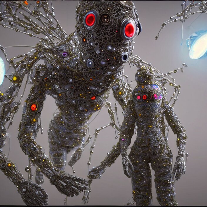 A cybernetic symbiosis of a single engineer astronaut mech-organic eva suit made of pearlescent fabric wearing knitted shiny ceramic multi-colored yarn thread infected with diamond-shaped 3D fractal lace iridescent bubbles. The suit floats through the living room, film still from the movie directed by Denis Villeneuve with art direction by Salvador Dalí. Edit the image to be a 3D sculpture. The cybernetic symbiosis should be a creature made of multiple parts, each with a different color and pattern.