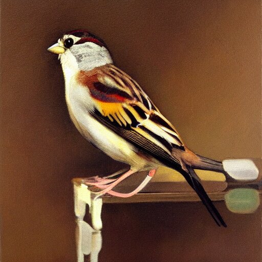 an oil painting of a sparrow perched on a chair, highly detailed, monochromatic, oleo, artstation, sharp focus, by diego velazquez. add a monochromatic color palette making it look like lipstick on a cheek