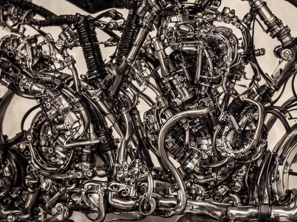 a steampunk superbike with intricate engine mechanical parts, product photography, 