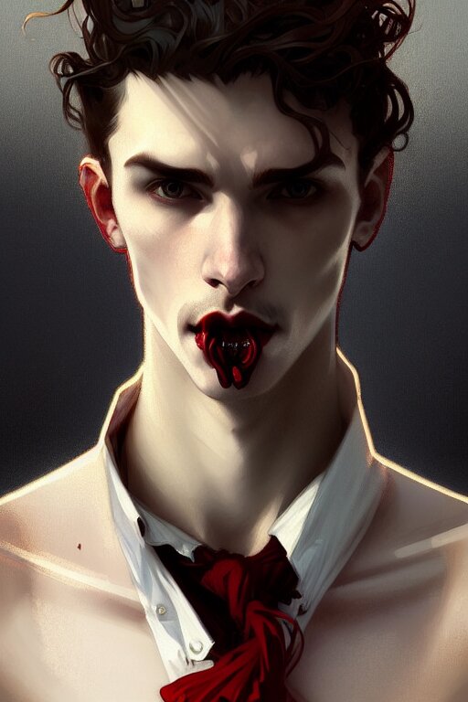 portrait of a beautiful young fit male vampire with curly blond hairs and pale skin, dressed with urban clothes, by greg rutkowski and alphonse mucha, d & d character, gradient white to red, modern nocturnal background, highly detailed portrait, digital painting, artstation, concept art, smooth, sharp focus ilustration, artstation hq