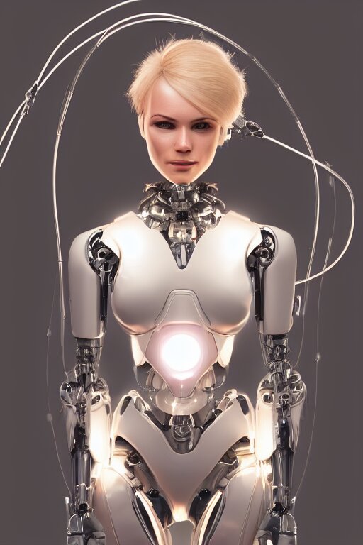 a beautiful  white head humanoid robot suit with wires and light, highly detailed, photorealistic, artstation, smooth