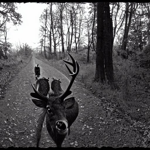 alien riding on the back of a deer, grainy trail cam, black and white 