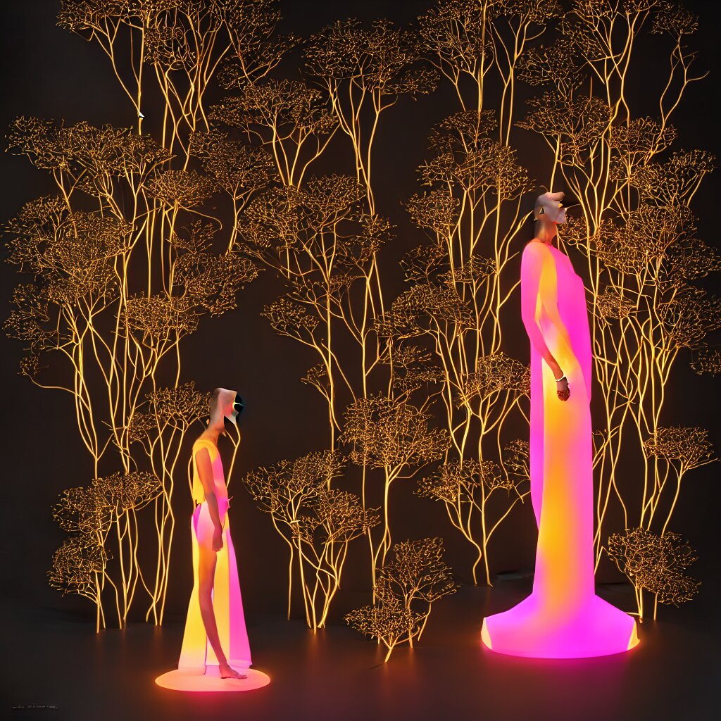 Beautiful mannequin sculpted out of black glass by Billelis + lit with geometric neon dripping gold + forest in background!!!, facing a doorway opening with neon pink geometric fractal light + flowering bonsai trees, transcendent, clean linework, dramatic, finely detailed, 4k, trending on ArtStation, photorealistic, volumetric lighting, octane render. Add some gore to the scene