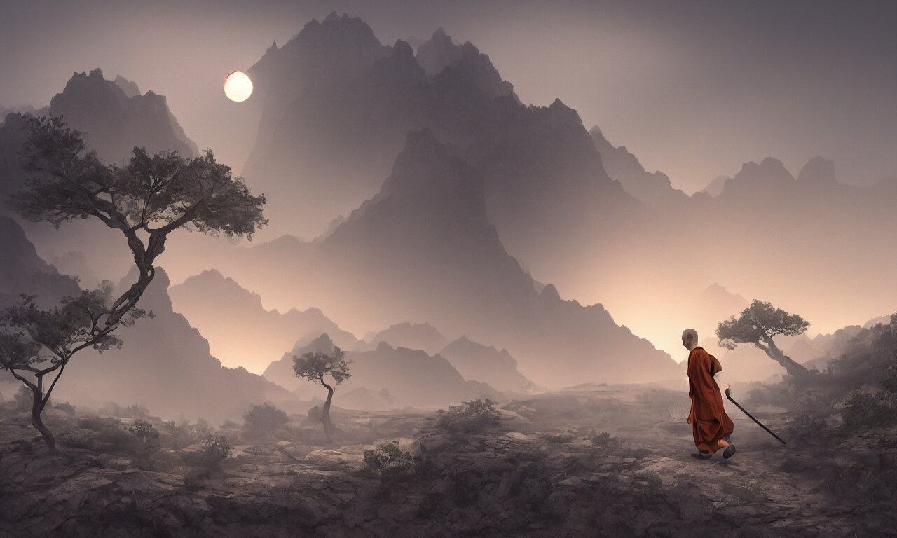 a single lonely taoist monk walking with a stick and a long dark shroud blown a the dusty wind blowing through mountainous karst canyons and crevasses, with a few wretched withered trees hanging low, lit by a powerful sunset light, overlooking birds in the sky. birds flying in the sky