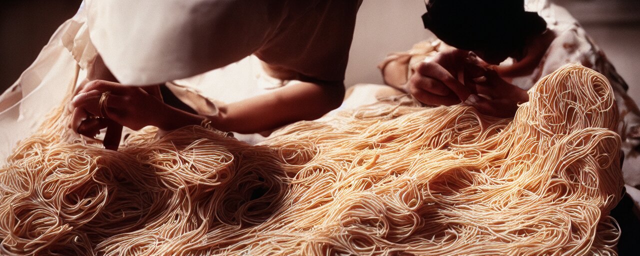 a seamstress sewing a dress made of spaghetti, high detailed face, canon 5 0 mm, cinematic lighting, photography, retro, film, kodachrome, closeup 