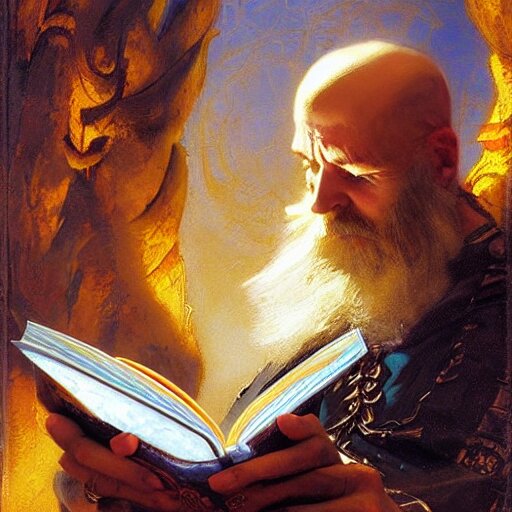 stunning male master wizard reading his forbidden magical book, highly detailed painting by gaston bussiere, craig mullins, j. c. leyendecker, 8 k 