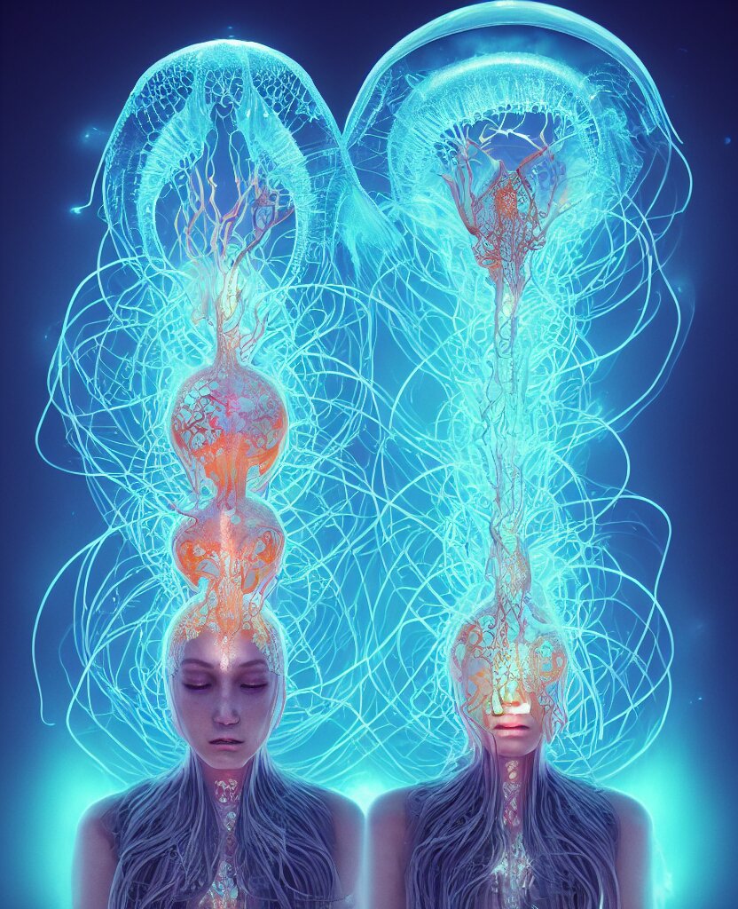goddess symmetrical centered portrait. butterfly jellyfish phoenix head, nautilus, butterfly, skull, ice and fire, bioluminiscent creatures, intricate artwork by Tooth Wu and wlop and beeple. octane render, trending on artstation, greg rutkowski very coherent symmetrical artwork. cinematic, hyper realism, high detail, octane render, 8k