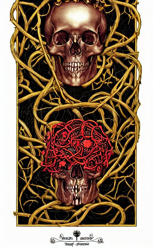 tarot card of human skull wrapped in vines + black paper + elements + red + gold + neon + baroque + rococo + white + orange + ink + tarot card with ornate border frame + marc simonetti, paul pope, peter mohrbacher, detailed, intricate ink illustration 