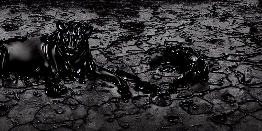 the black lioness made of ferrofluid, laying on their back, dripping tar, drooling goo, covered in slime, sticky black goo, bathing in the pit filled with tar, dripping goo, sticky black goo. photography, dslr, reflections, black goo, rim lighting, cinematic light, tar pit, chromatic, saturated, slime 