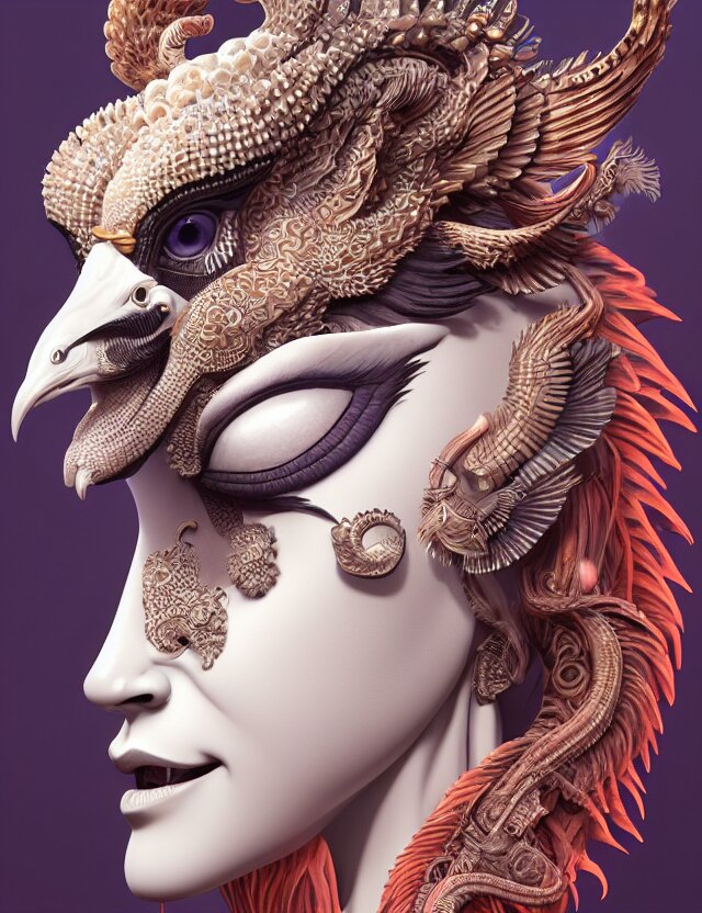 3 d goddess close - up profile portrait with ram skull. beautiful intricately detailed japanese crow kitsune mask and clasical japanese kimono. betta fish, jellyfish phoenix, bio luminescent, plasma, ice, water, wind, creature, artwork by tooth wu and wlop and beeple and greg rutkowski