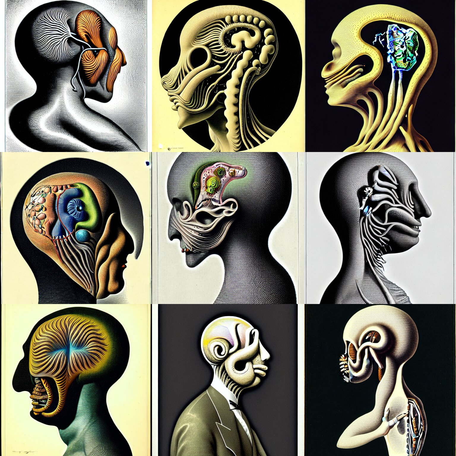 side portrait of human with the insectoid shaped face, surrealism, in the style of erns haeckel 