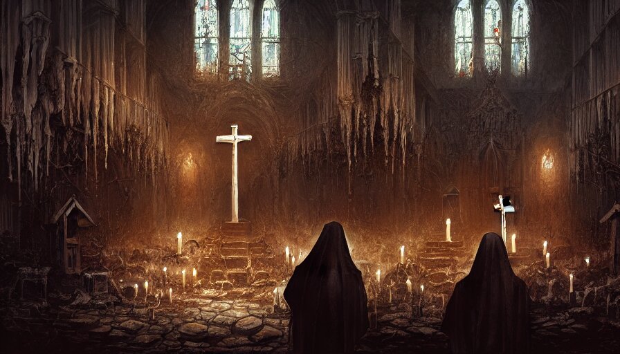 dark rotting priest performing baptism in a destroyed church, blood and crosses spattered throughout the environment, religion and death portrayed in perfect detail, fear and horror conveyed through the hyperrealistic art, perfect faces obscured by the detailed environment, fine details and intricate environment enhanced for added realism. blurred out faces