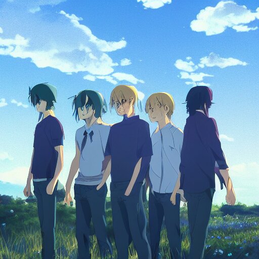 Four men with their faces hidden standing next to each other, they all wear glasses and each one holds up a very large rough yellow crystal in his hand, twilight, dusk, poster art by makoto shinkai, featured on pixiv, environmental art, official art, anime, movie poster