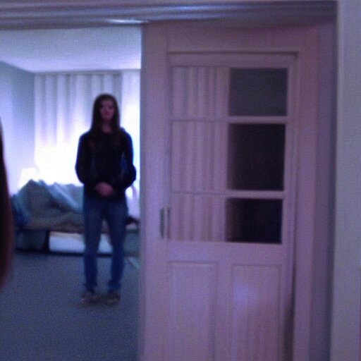 footage from the film paranormal activity on photo. A ghostly figure appears behind the glass door.