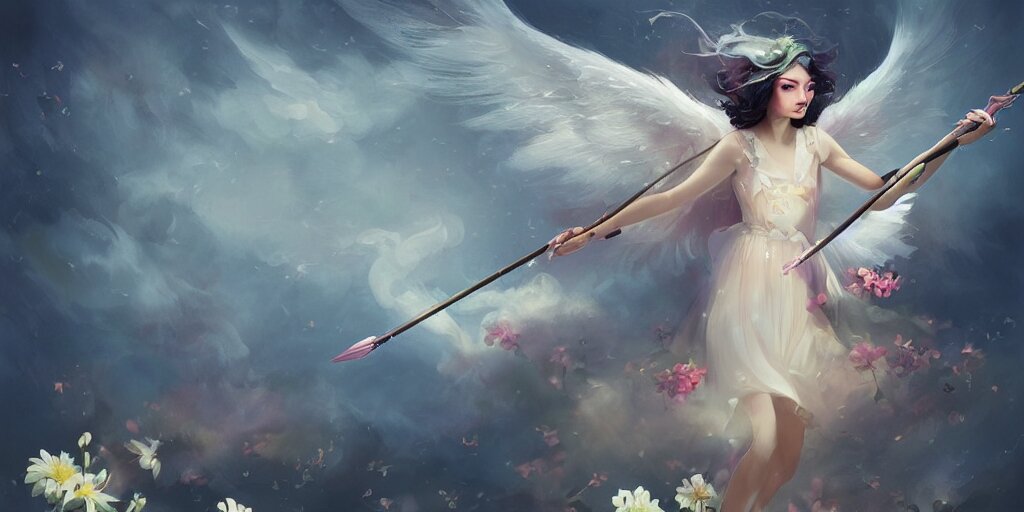 An angel with black wings shooting luminous arrows with a bow on a country landscape covered with flowers, inspired by Daniela Uhlig