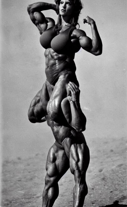 gigachad as woman, full body photo, bodybuilder Ernest Khalimov, black and white photograph