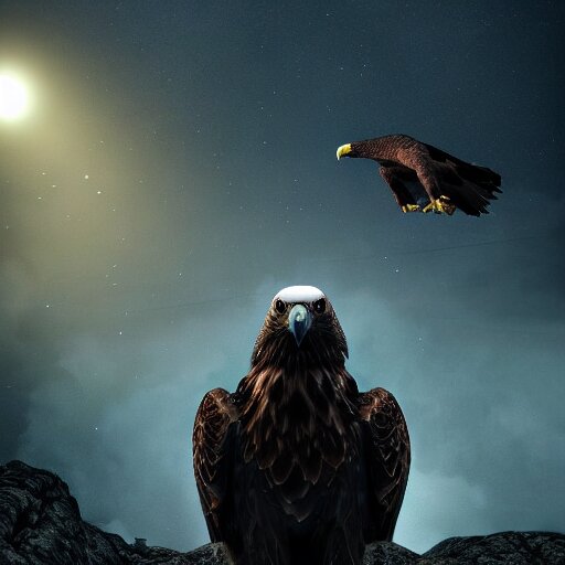 A extremely realistic photo of an eagle with night vision goggles, standing bird, sharp claws, cloudy, midnight, smoke, ultra high detail digital art, trending on Artstation, unreal engine