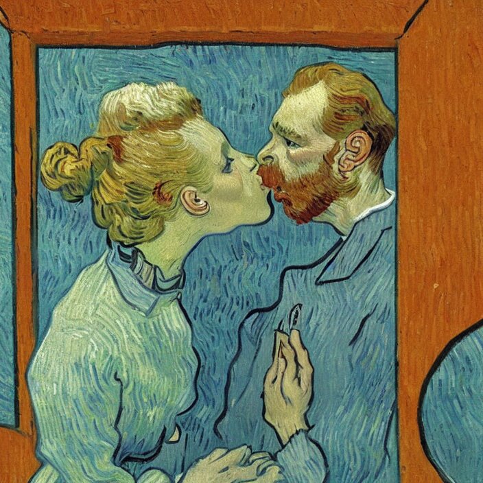 one olive - skinned man and one woman kissing, painting by van gogh 