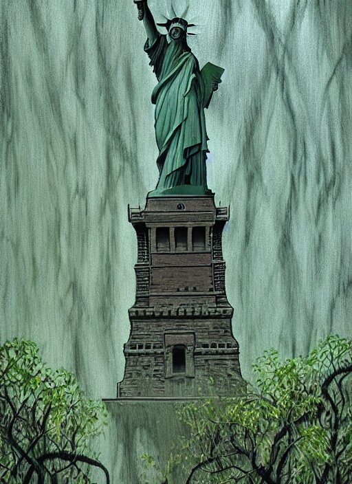 hyper detailed painting of the statue of liberty; cracked, decaying, covered in moss and vines; thunderstorm; moody cinematic lighting, painted by Greg Rukowtski, trending on Artstation