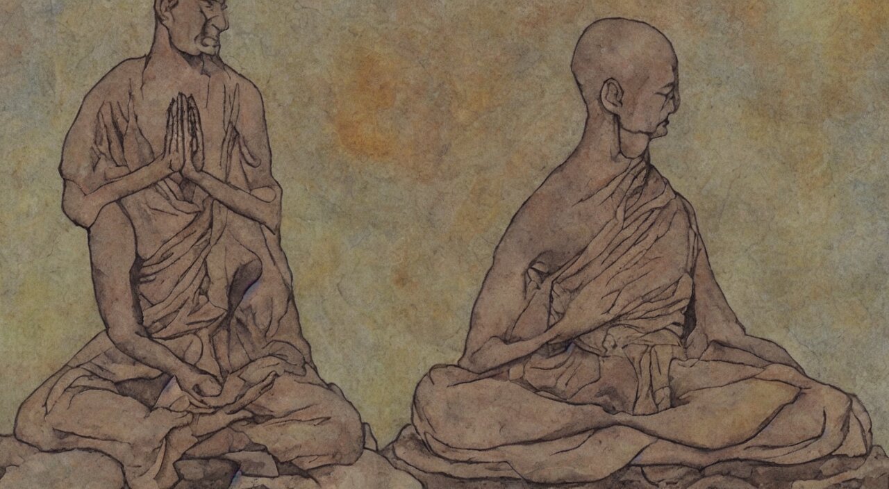 a meditating monk sitting on a stone, visionary art style, 