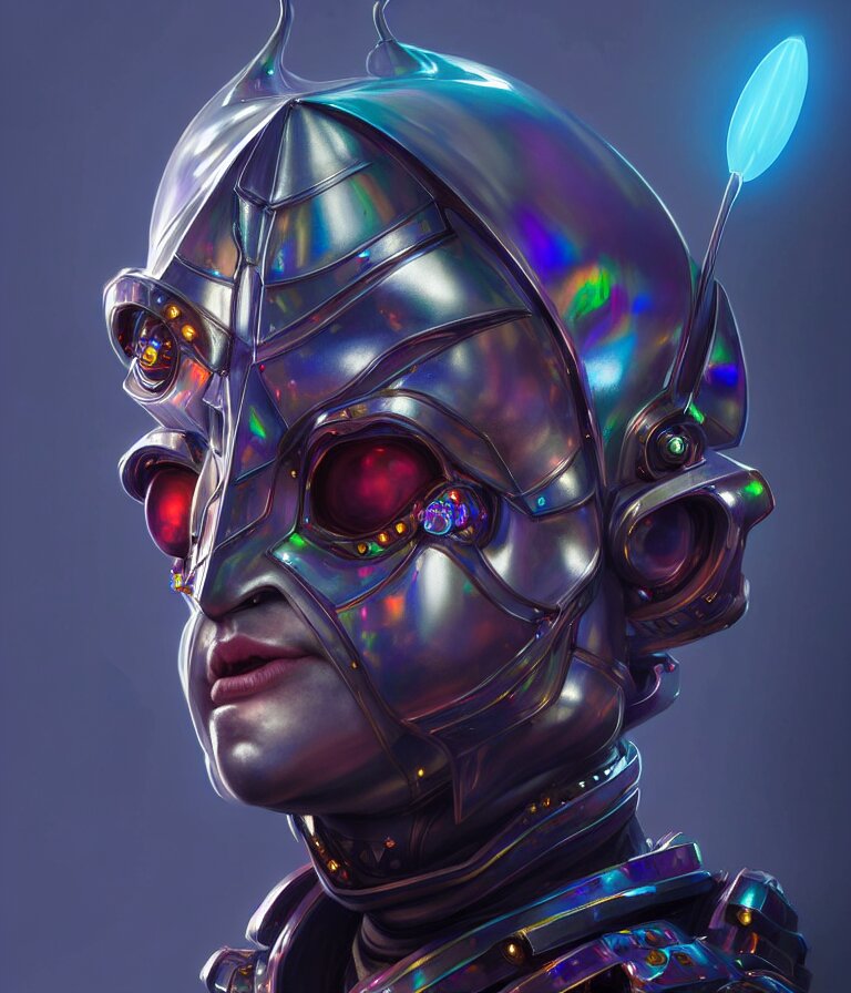 front shot of a court jester!!!! character, polished, glossy, holographic crystals, bionic futurism, robotic cyborg, 8 5 mm f 1. 8, ominous elegant detailed concept artstation sharp focus ray tracing cinematic masterpiece fine portrait, by artgerm greg rutkowski tooth wu beeple 