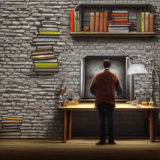 cinema 4D cinematic render, ultra detailed, of a person inside a jail cell sitting with a desk and CRT monitor, stack of books, 4K concept art, detailed, brick walls, vibrant setting, cinematic lighting, light shining through the jail cell, casting shadows, trending on art station, old computer monitor, stressful, working, hyper realistic, ultra detailed, unreal engine, 8K post production