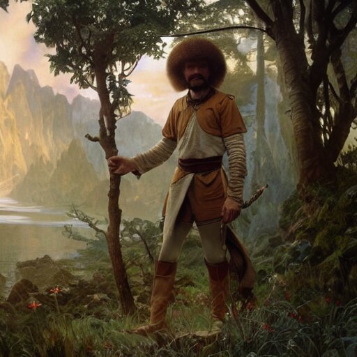 an ultra detailed matte painting of bob ross dressed as a wandering elf druid, silver hawk animal companion, d & d, fantasy concept art by alphonse mucha and greg rutkowski, octane render, 8 k, detailed face 