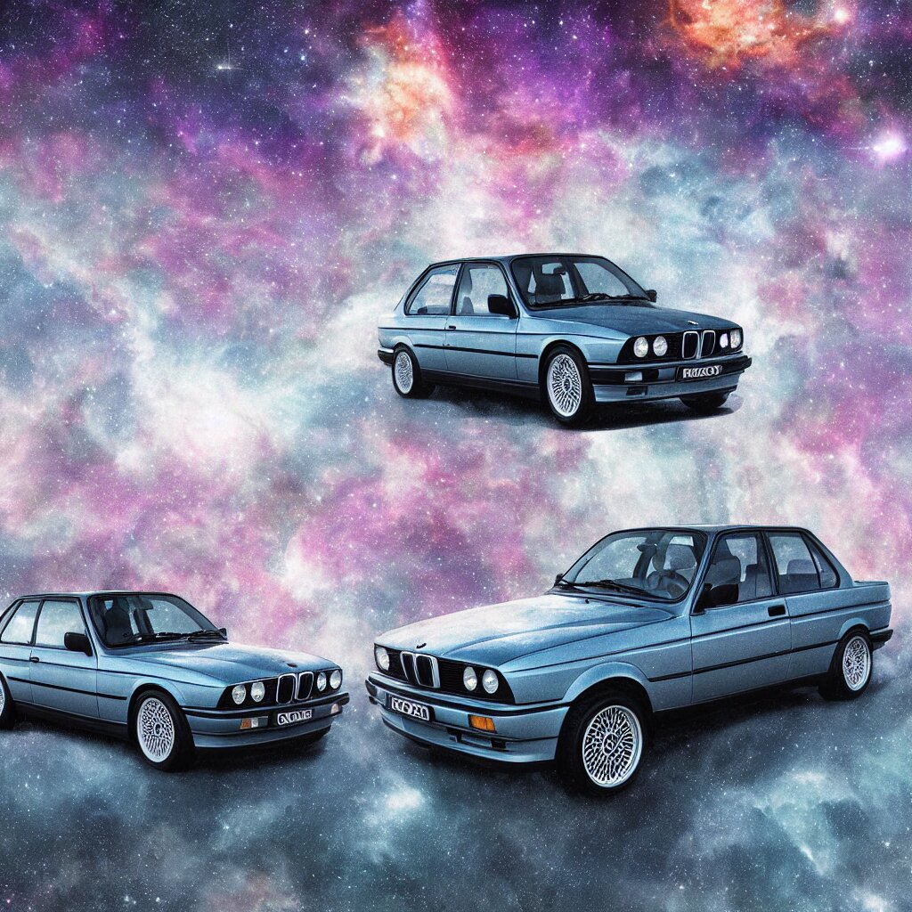 bmw e30, alien planet background, hyperrealism, nebula. Add a bit more green to the vegetation