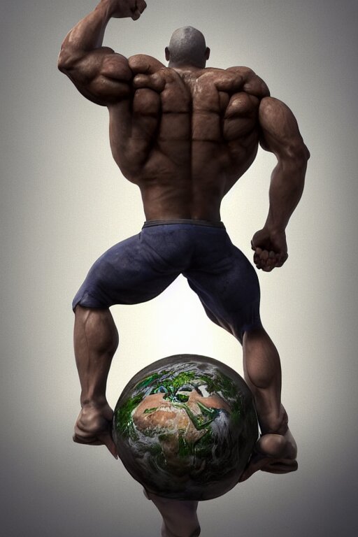 A muscular Man Carrying the Earth on His Back, with a Big Beard and a Bold, Hyperrealistic Face, by Concept Artist Octane Render; Trending on ArtStation and DeviantArt, with a High Quality, Highly Detailed Painting, by Julian Onderdonk; 8K Resolution; Soft lighting; Anatomically Correct; Five Fingers; and a Blue. darken the background and lighten the foreground to give it a more cinematic feel.