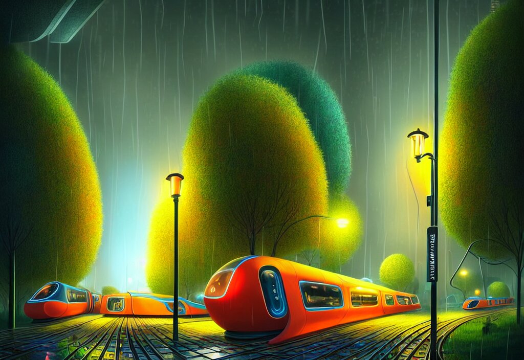  Beautiful city at night with futuristic trains, metro, technology, utopia, houses, skyscraper overgrown with trees and plants. Raining at night with light pole illuminate the patch, Nice color scheme, warm colour. Beautiful artistic digital artwork by artist Lurid. (2022), Gediminas Pranckevicius