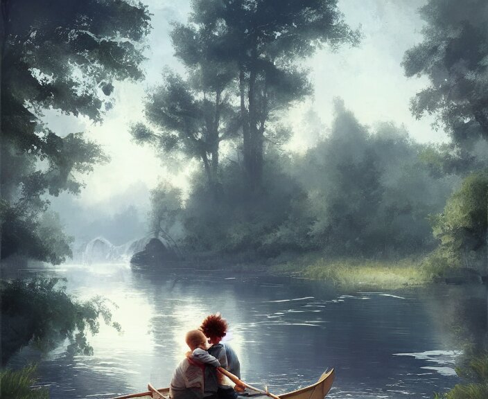 a boy and a girl paid sitting together romantically on a long rowboat, girl is leaning on boy’s shoulder. Ripples, trees, shady, atmospheric lighting, details, sharp focus, illustration, by Jordan Grimmer and greg rutkowski, Trending artstation, pixiv, digital art