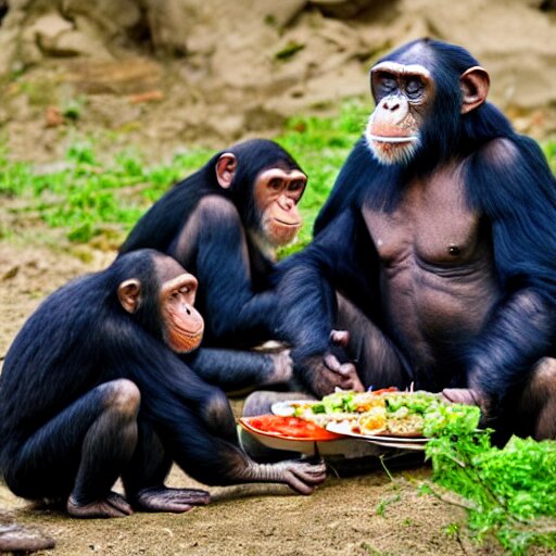 chimpanzee group having burgers for dinner